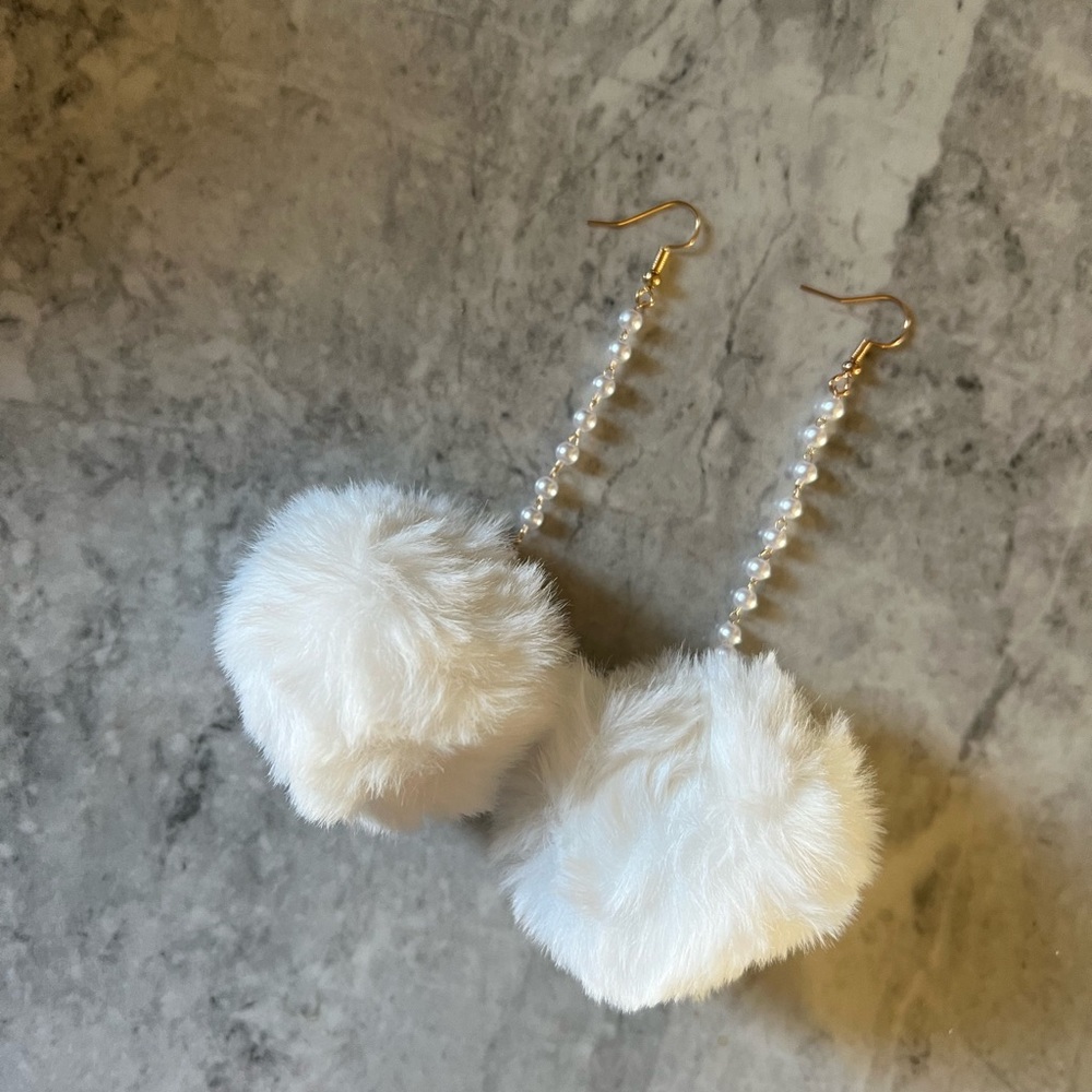 White Furry Pom Pom Beaded Drop earrings